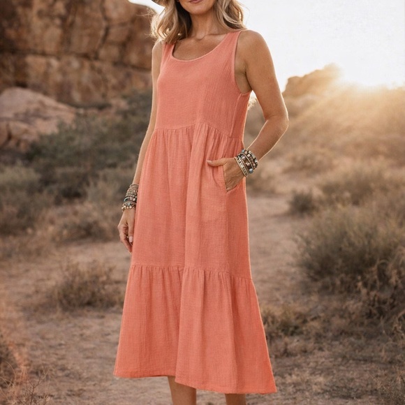 Coin 1804 Dresses & Skirts - Sleeveless Tiered Cotton Gauze Midi Dress